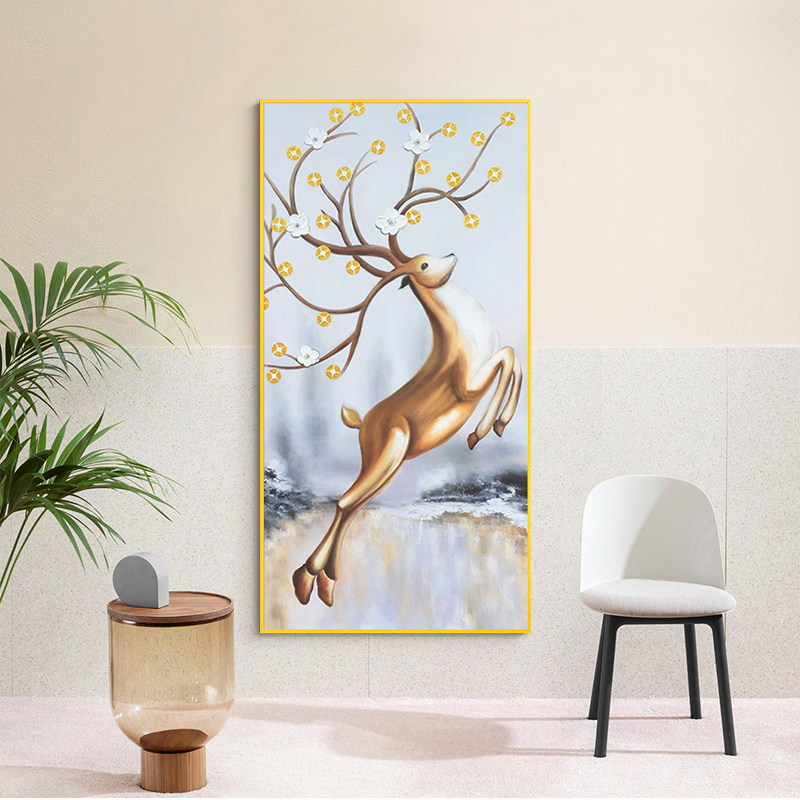 纯手绘动物油画 现代简约招财进宝梅花鹿装饰画 北欧客厅玄关挂画