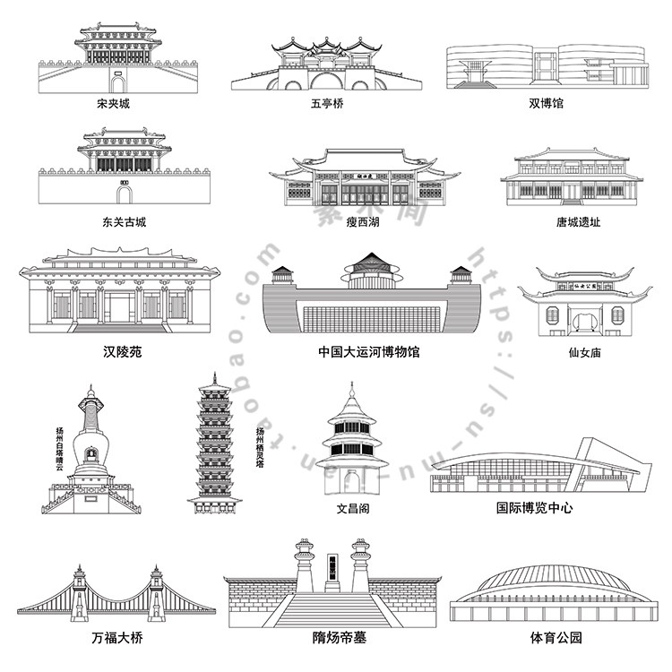 扬州城市地标线稿剪影 手绘线描旅游景点图标 ai格式矢量设计素材