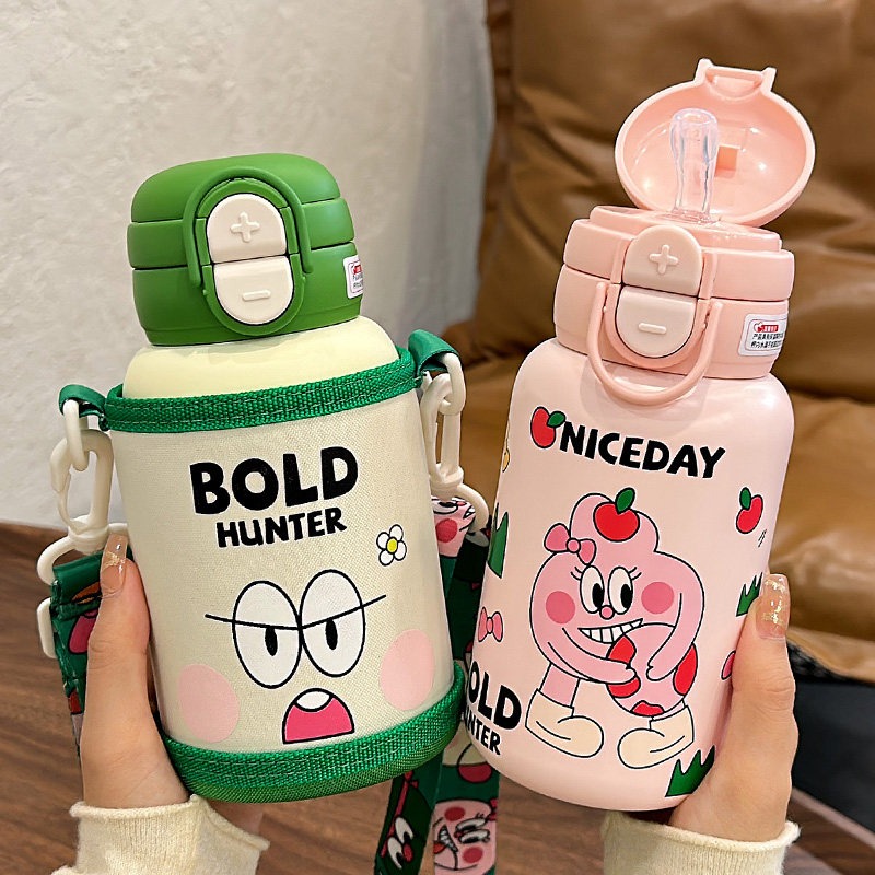 儿童保温杯学生上学专用食品级316直饮吸管大容量水杯带杯套防摔