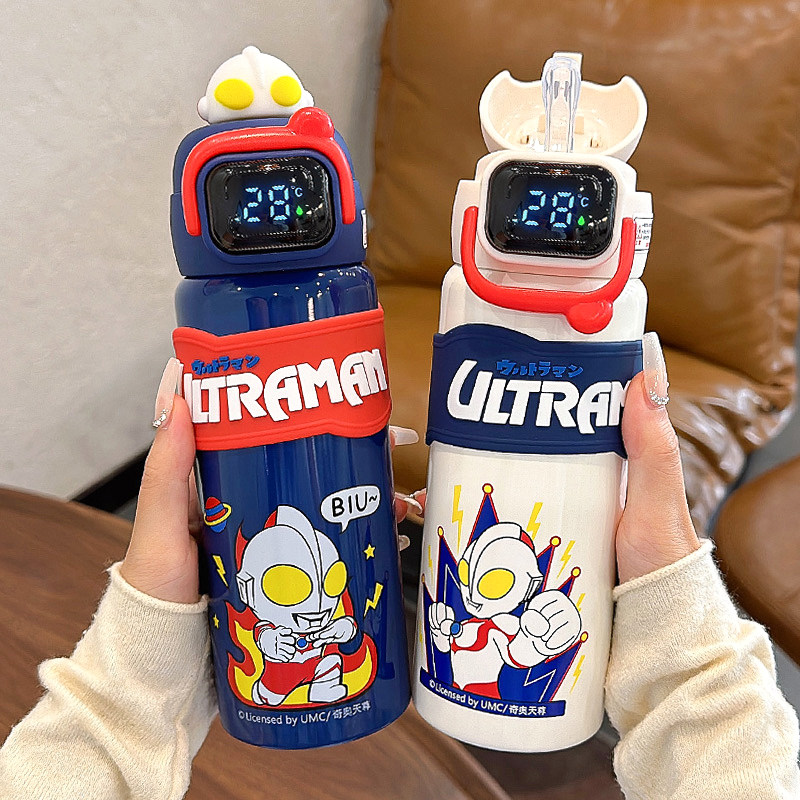 奥特曼水杯保温杯儿童男孩上学专用幼儿园小学生智能显温吸管杯子