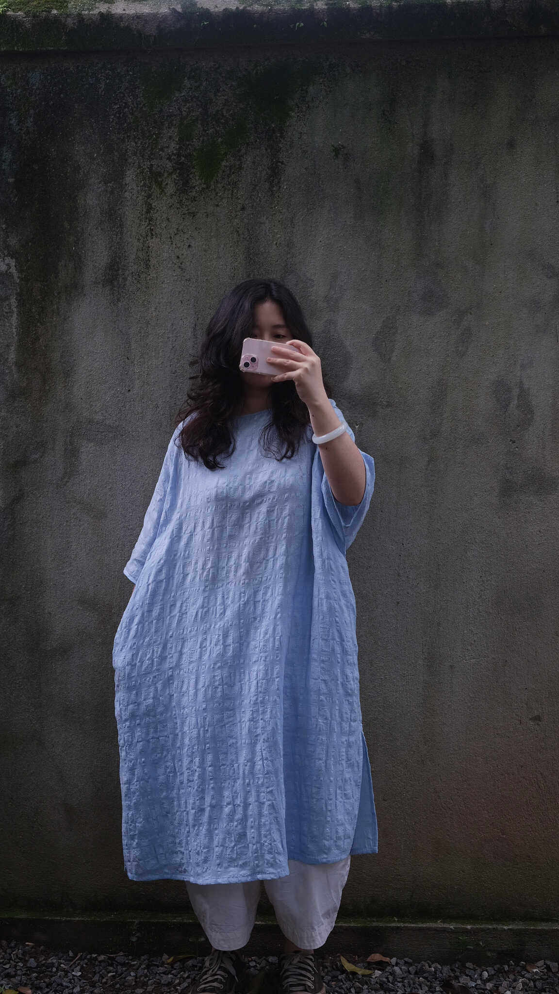 （特价）有草原创圆领纯色宽松女式T恤淡蓝色纯棉袍子中式连衣裙