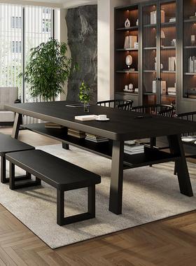 客厅实木双层书桌黑色阅读桌北欧家用办公桌工作台大学习桌长条桌