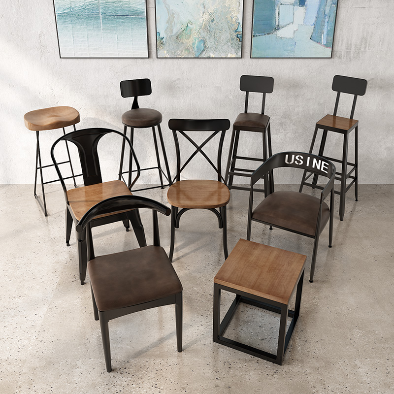 现代简约家用实木餐椅复古靠背椅铁艺高脚凳现代简约休闲吧台椅子