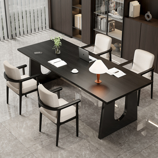 客厅实木书桌高级感黑色意式极简老板办公桌工作台原木桌椅组合