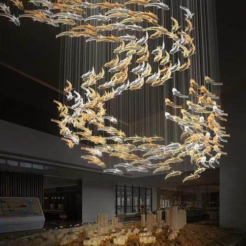 走廊天花板吊饰售楼部酒店装饰玻璃鱼形鱼群枫树叶工程led灯室内