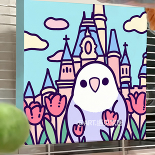 卡通鹦鹉装 饰画旅行鹦鹉挂画和尚鹦鹉鸟笼画小太阳趣味卧室画墙画