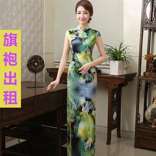 【出租】长款高开叉旗袍花色水墨短袖真丝女人模特走秀复古演租赁