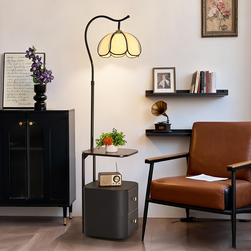 落地灯实木床头柜一体中古风卧室高级感客厅沙发边氛围感置物架灯