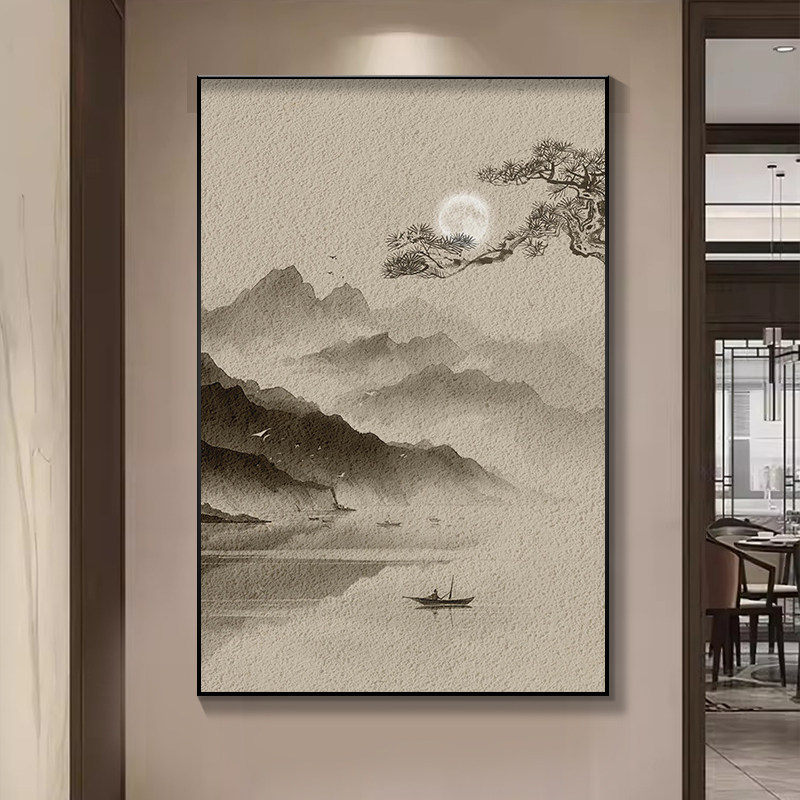 新中式入户玄关装饰画竖版水墨山水挂画中国风走廊过道茶室墙壁画
