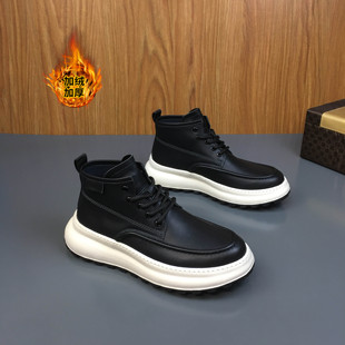 2025秋冬季新款头层牛皮厚底轻便高帮休闲鞋男真皮加绒中帮马丁靴
