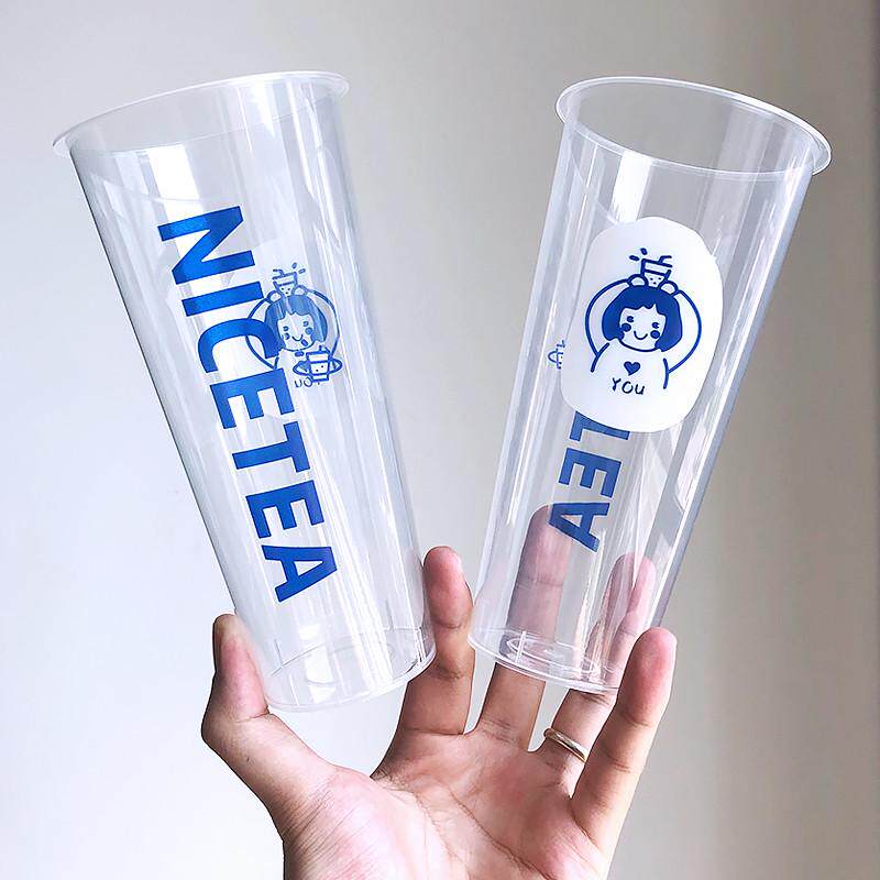奶茶杯子一次性带盖防磨砂红定制杯加厚口径90700ml商用注塑漏网