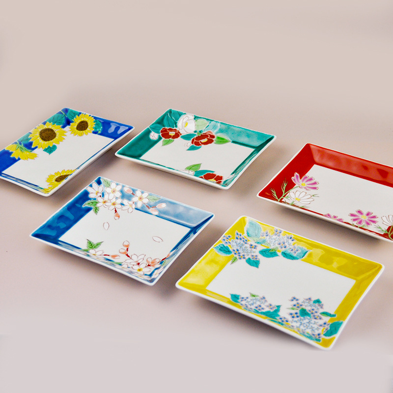 日本进口九谷烧陶瓷餐具手作青郊窑花开四季餐盘樱花方盘小圆盘子