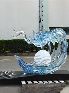 售楼处酒店大堂雕塑客厅玄关家居装饰品透明树脂浪花大型落地摆件