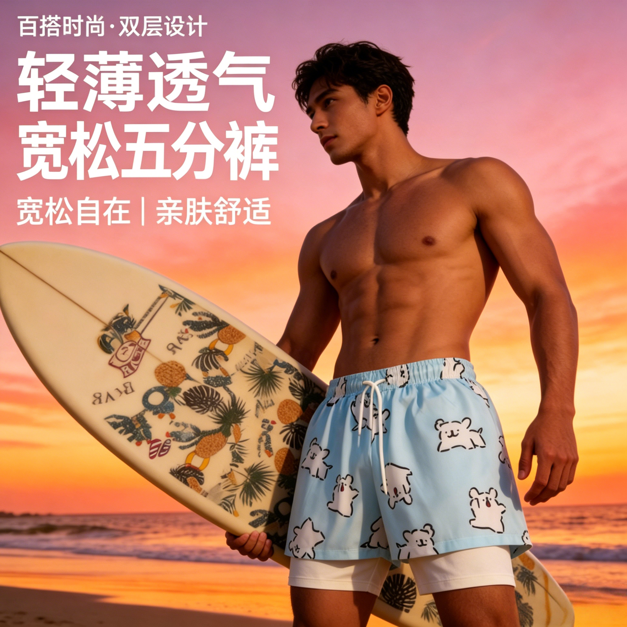 线条小狗双层防尴尬五分游泳裤水陆两用速干透气宽松沙滩裤成人