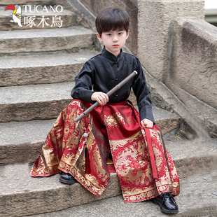 红色男童汉服织金马面裙春夏套装2025新款幼儿园中大童演出服唐装