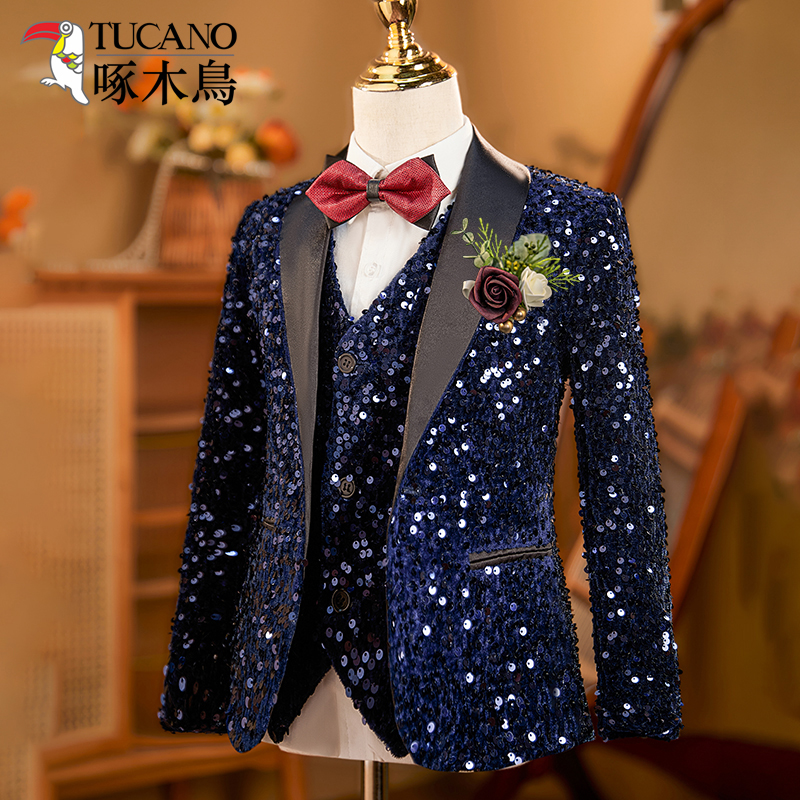 啄木鸟亮片男童西服小西装主持人礼服套装儿童西服钢琴演出服藏青