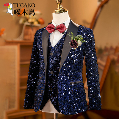 啄木鸟亮片男童西服小西装主持人礼服套装儿童西服钢琴演出服藏青