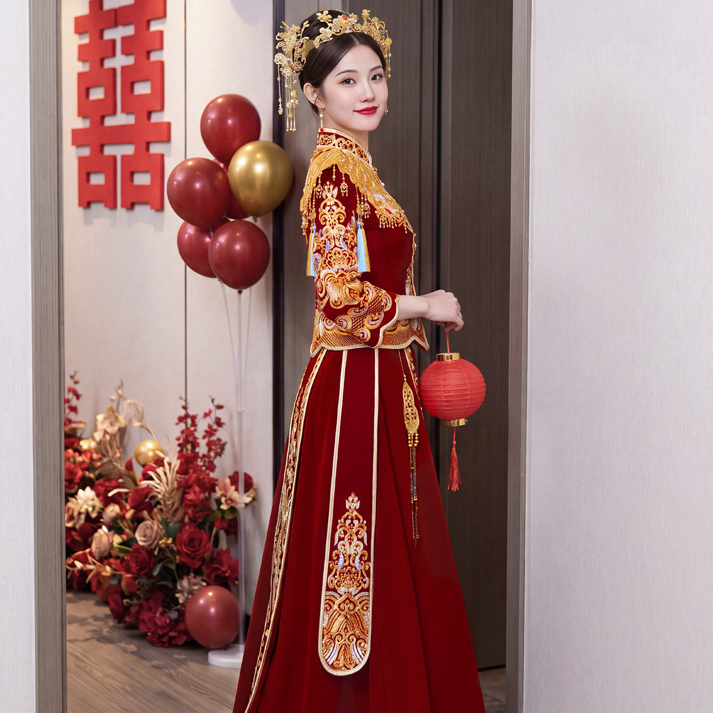 高端盘金刺绣中式秀禾服女红色结秀禾服