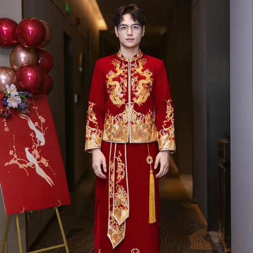 红色男士秀禾服新郎结婚中式龙凤刺绣礼服中国风婚服中式婚礼长袖