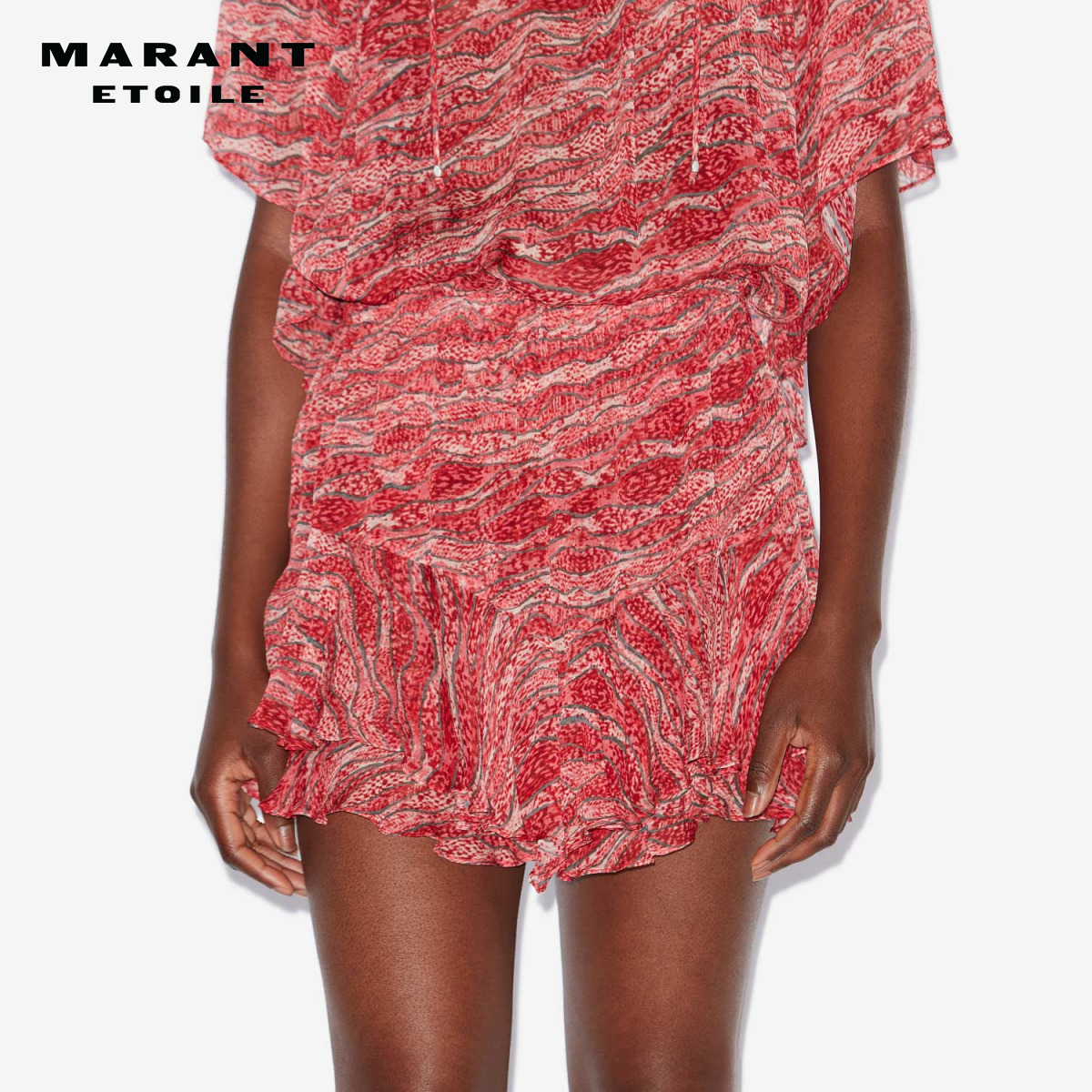 MARANT ETOILE2025 SORNEL法式红色荷叶边印花雪纺短裤女