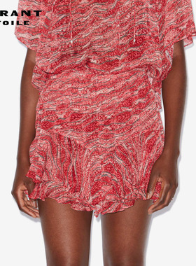 MARANT ETOILE2025 SORNEL法式红色荷叶边印花雪纺短裤女