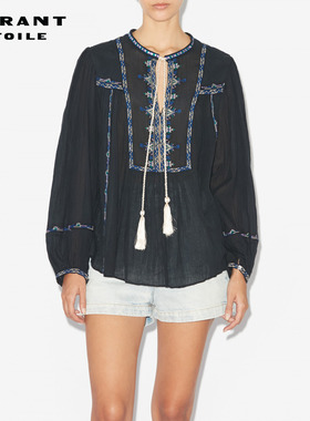 MARANT ETOILE SILEKIA民族风刺绣系带流苏衬衫女