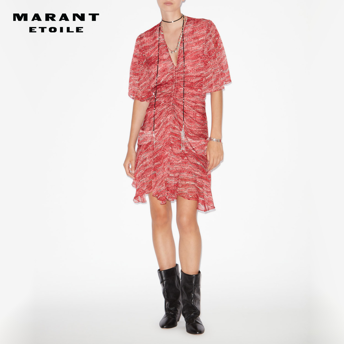 MARANT ETOILE2025 VIVIENNE法式V领印花短款雪纺连衣裙女