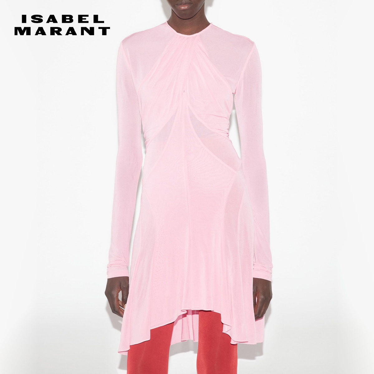ISABEL MARANT ROBE ROSEMA粉色褶皱长袖圆领女式连衣裙