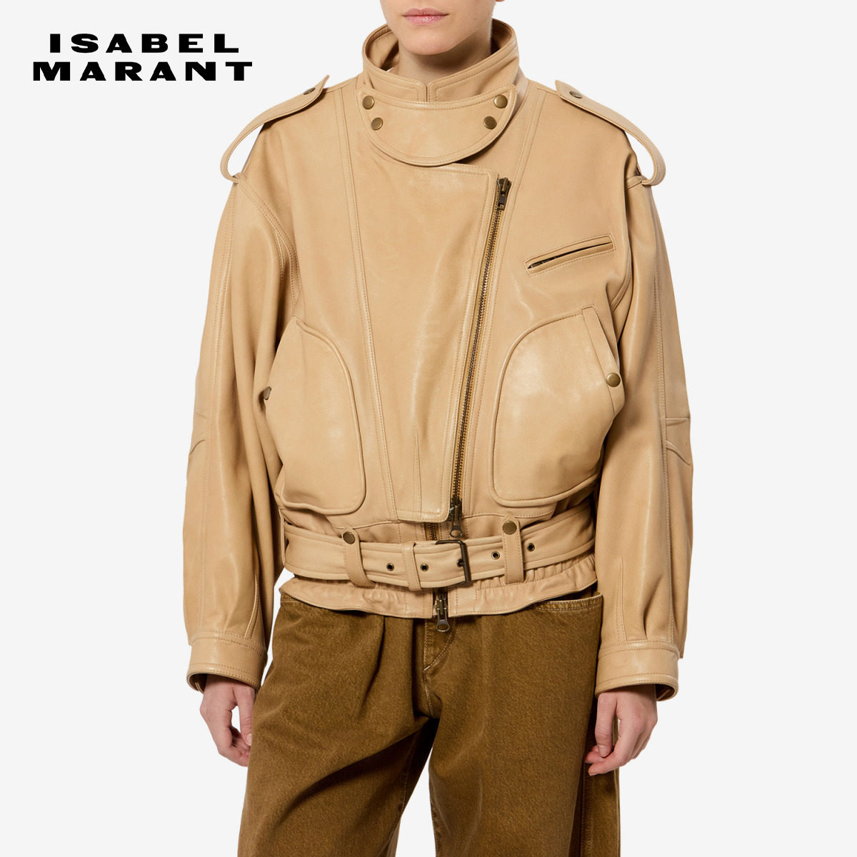 【26早秋新品】ISABEL MARANT FARZA机能风皮质不对称领口夹克