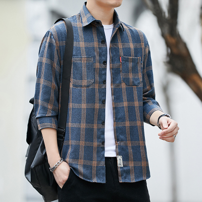 夏季男士薄款七分袖格子衬衫男