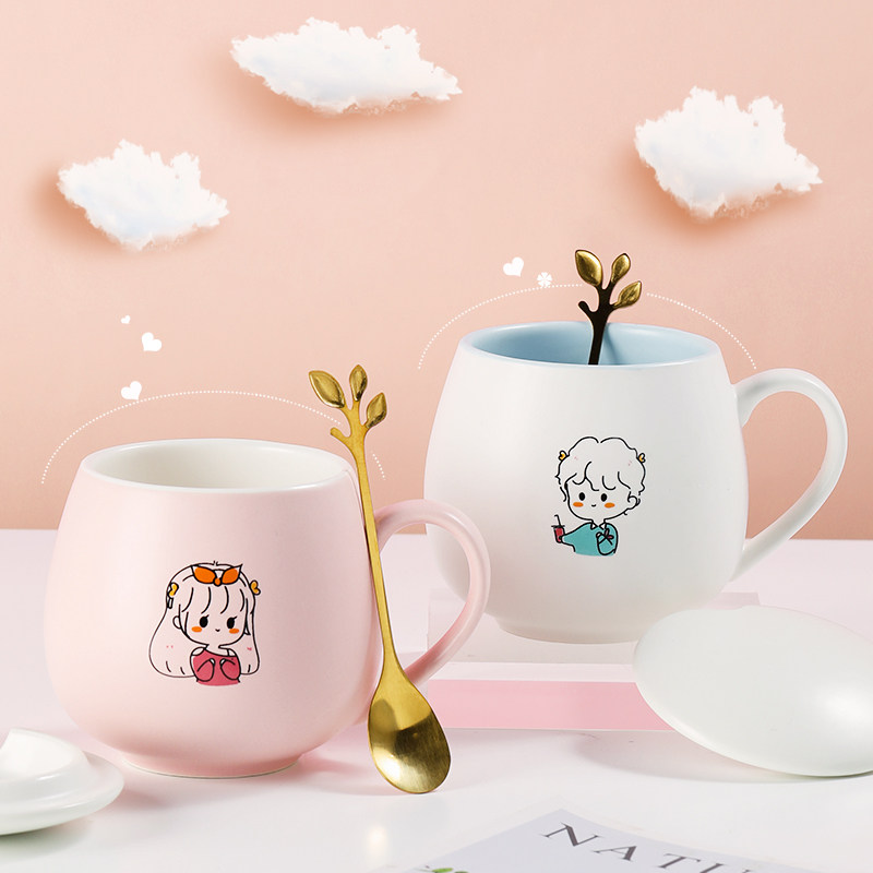 简约陶瓷情侣杯一对男女学生高颜值水杯家用杯子带盖勺咖啡马克杯,餐饮具,杯子套装/情侣对杯,淘宝优惠券,粉丝福利购,淘宝优惠卷