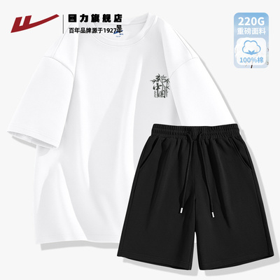 回力休闲套装男款夏季重磅纯棉