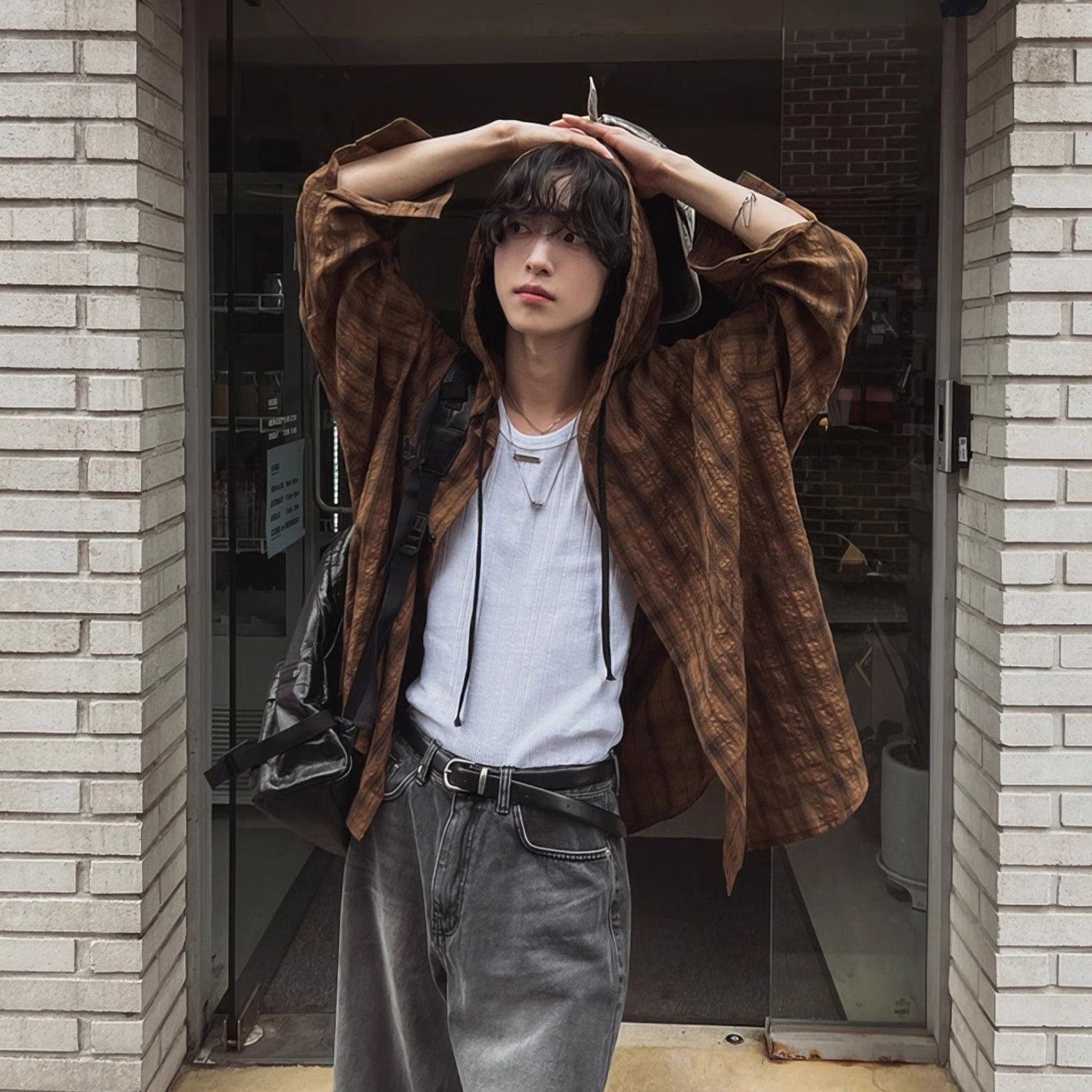 长袖连帽格子防晒衬衫男女春秋季复古美拉德休闲慵懒情侣衬衣外套