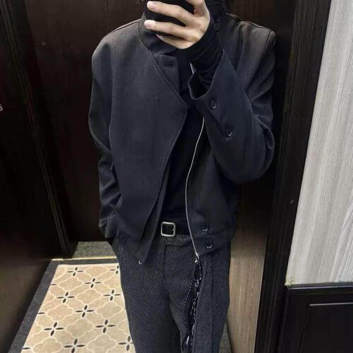 美式复古廓形羊毛叠门襟正肩立领短款拉链夹克春外套休闲上衣男士
