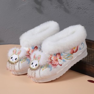 汉服鞋女童冬季加绒棉鞋拜年绣花鞋唐装老北京儿童布鞋表演出靴子