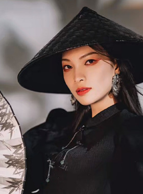 竹编古风黑色侠客斗笠帽舞台演出表演道具男女武侠红色走秀斗笠帽