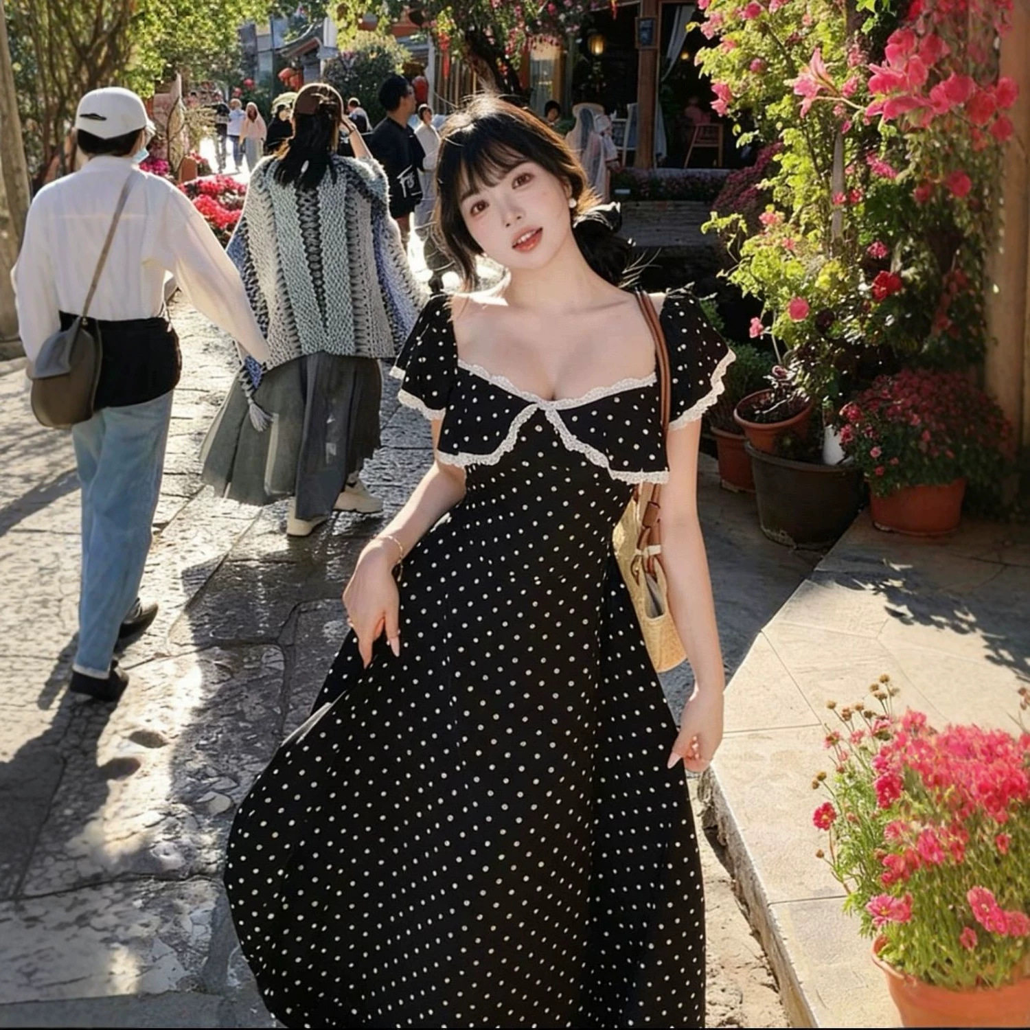 大码女装黑色波点吊带连衣裙女夏季新款海边度假风收腰显瘦长裙子