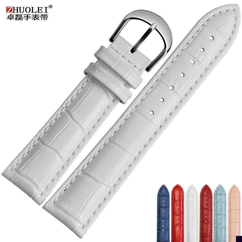 适用于通用真皮手表带男女牛皮表链铁达时14161820mm白红粉色
