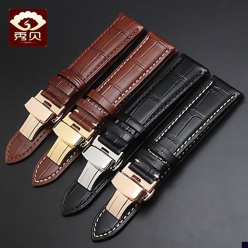 适用于浪琴名匠L2律雅军旗18192021mm男女真皮表带双按扣蝴蝶扣