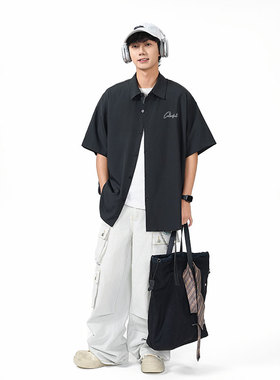 ColorfulCreations美式复古纯色简约男短袖字母印花垂感情侣衬衫