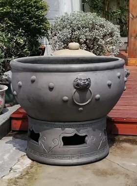 老北京鱼盆庭院老式古法陶瓷水养金鱼客厅超大黑陶百福泥瓦缸鱼缸