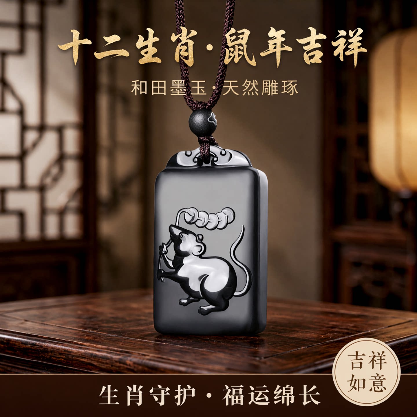 涵怡和田玉墨玉十二生肖吊坠