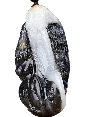 和田玉青花美女与野兽手把件