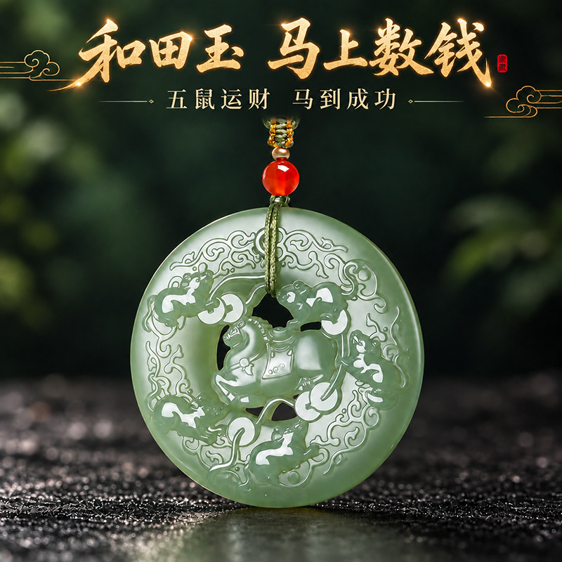 天然和田玉马上数钱运财吊坠