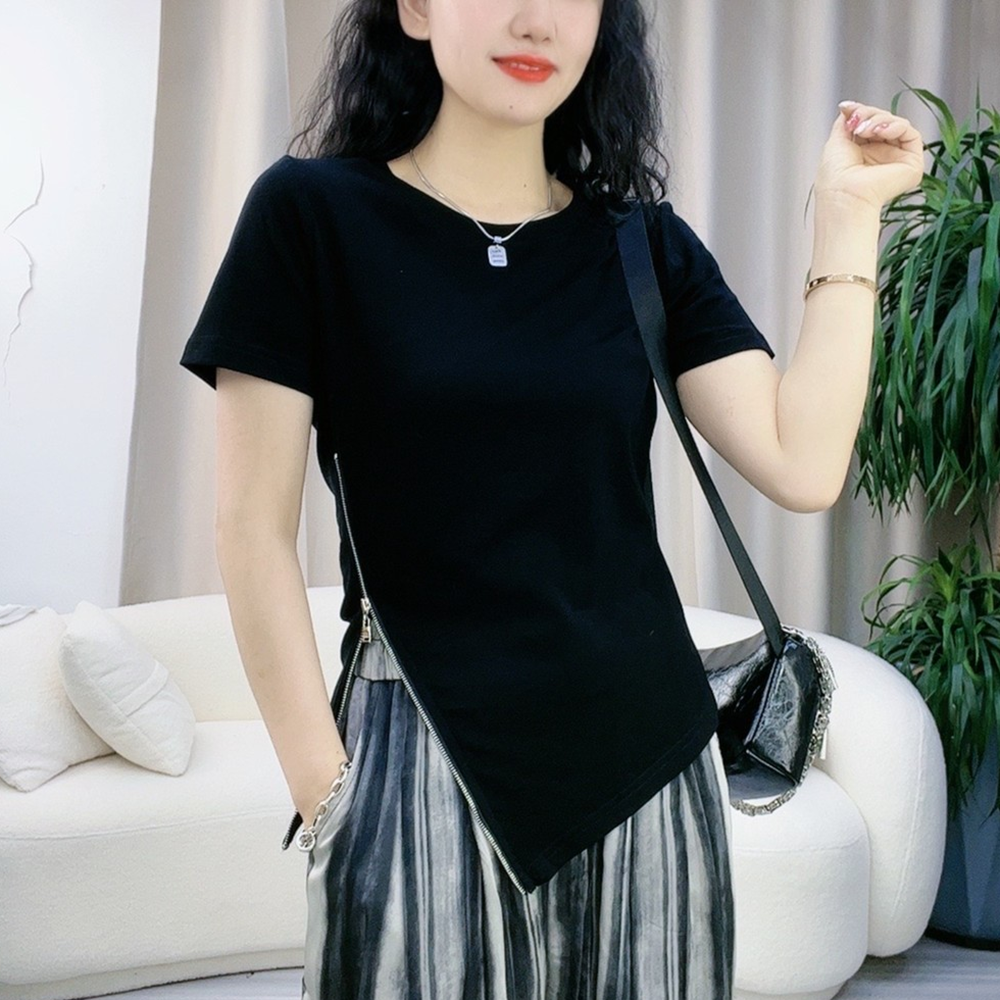 t恤女2025夏季新款不规则侧拉链圆领纯色短袖修身显瘦时尚小众潮t