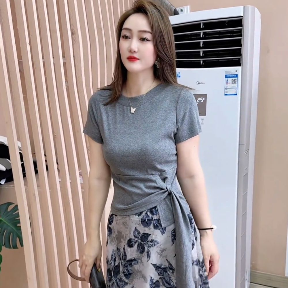 下摆系带设计感不规则短袖T恤女2025夏季新款时尚显瘦洋气上衣潮t