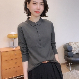 POLO衫女2023秋季新款修身长袖衬衫简约百搭设计感小众衬衣小衫潮