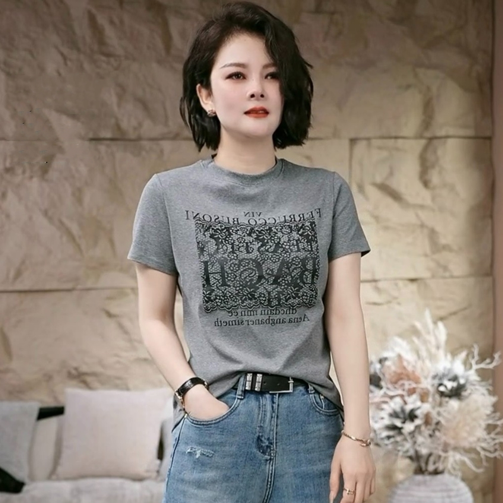 t恤女2025夏季新款字母印花圆领休闲短袖时尚弹力显瘦百搭上衣潮