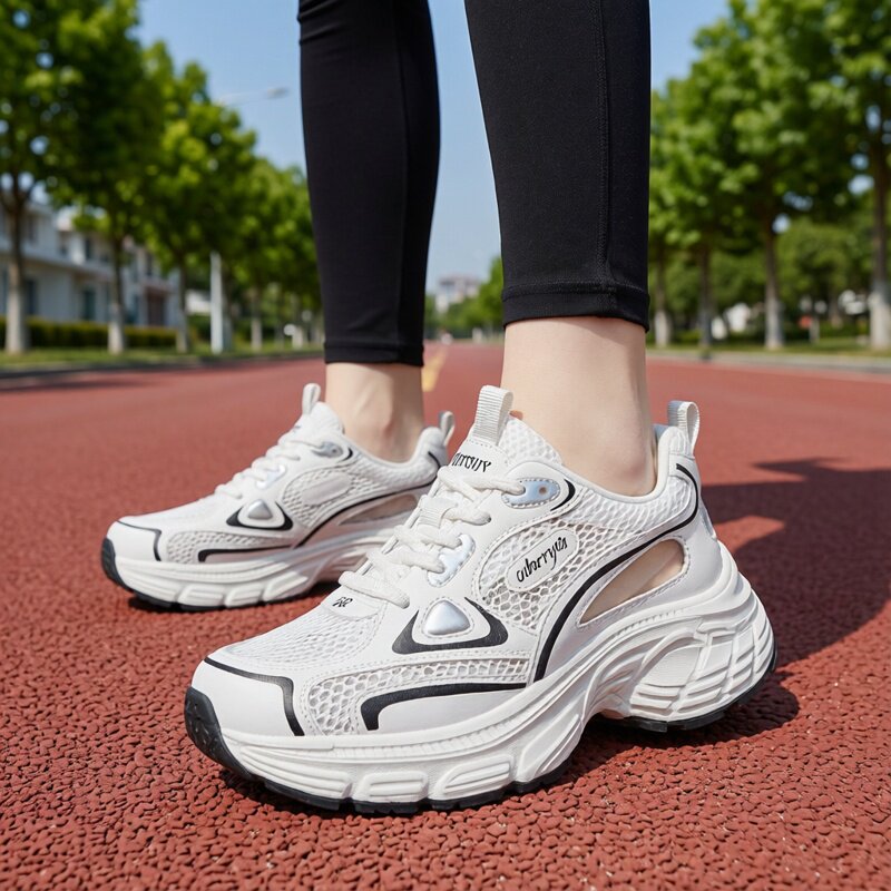 真皮老爹鞋女2026年新款春夏厚底软底网面透气休闲运动洞洞鞋镂空