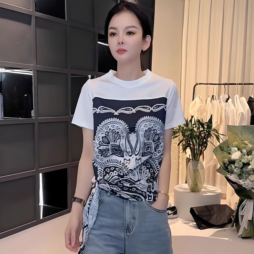 t恤女新款2025夏季时尚印花下摆系带设计感圆领短袖休闲显瘦上衣